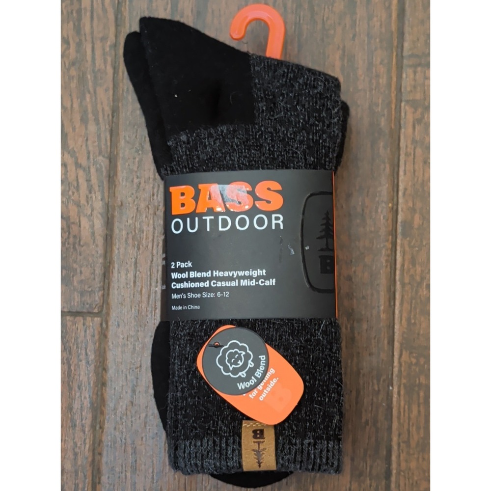 Bass Outdoor Wool Blend Heavyweight Cushioned Charcoal Gray Mid-Calf Socks 2-Pck